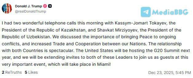 Трамп пригласил Главу государства на саммит G20 в Майами